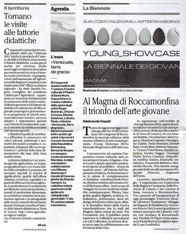 El recorte de Il Mattino del 21 de abril de 2013 con el artículo de Ildebrando Caputi «Al Magma di Roccamonfina il trionfo dell’arte giovane»