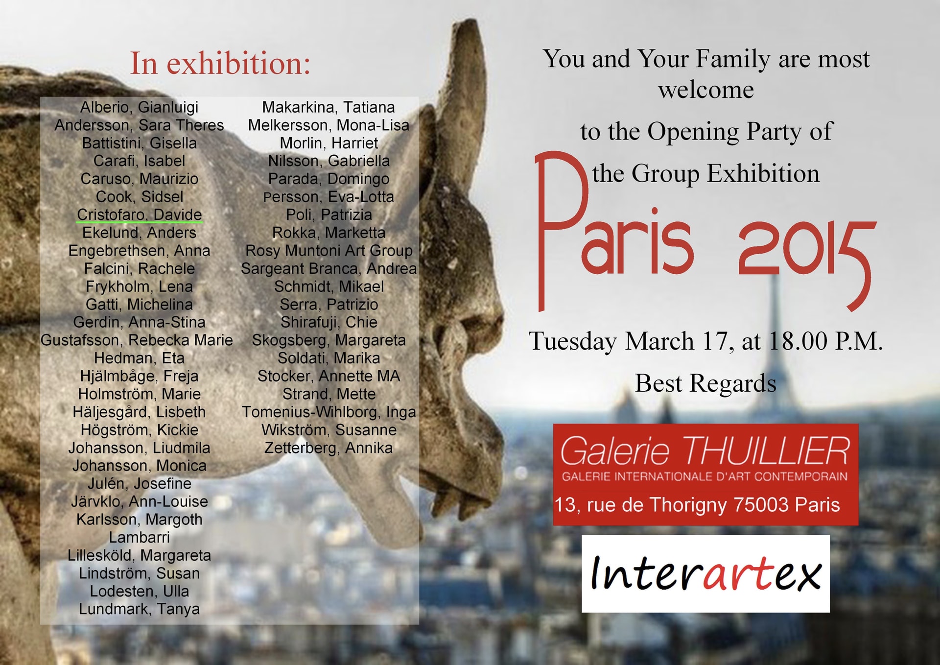 The invitation to the opening of the group exhibition “Paris 2015” at the Galerie Thuillier, Tuesday 17 March 2015 at 6 pm, with the list of exhibiting artists