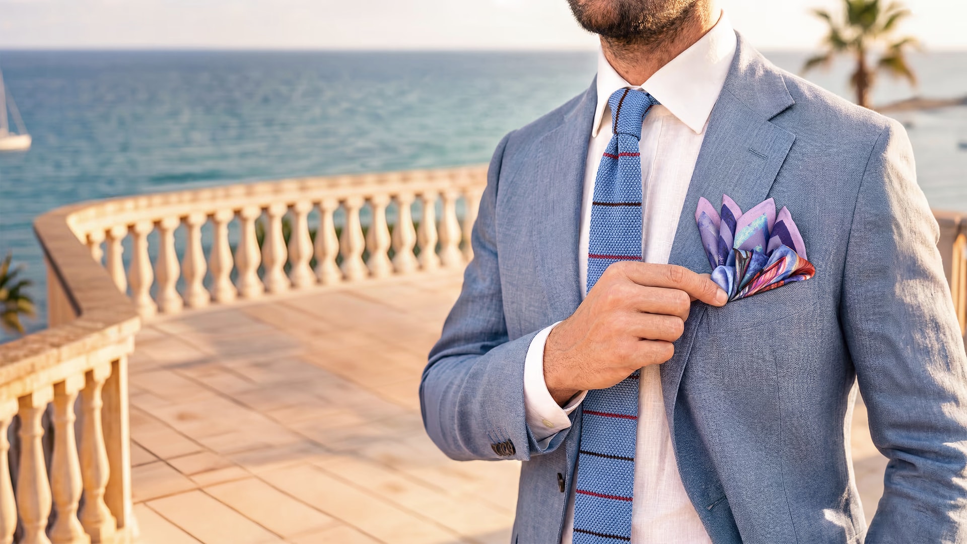 Pochette di seta viola nel taschino di una giacca di lino azzurra, con il mare sullo sfondo
