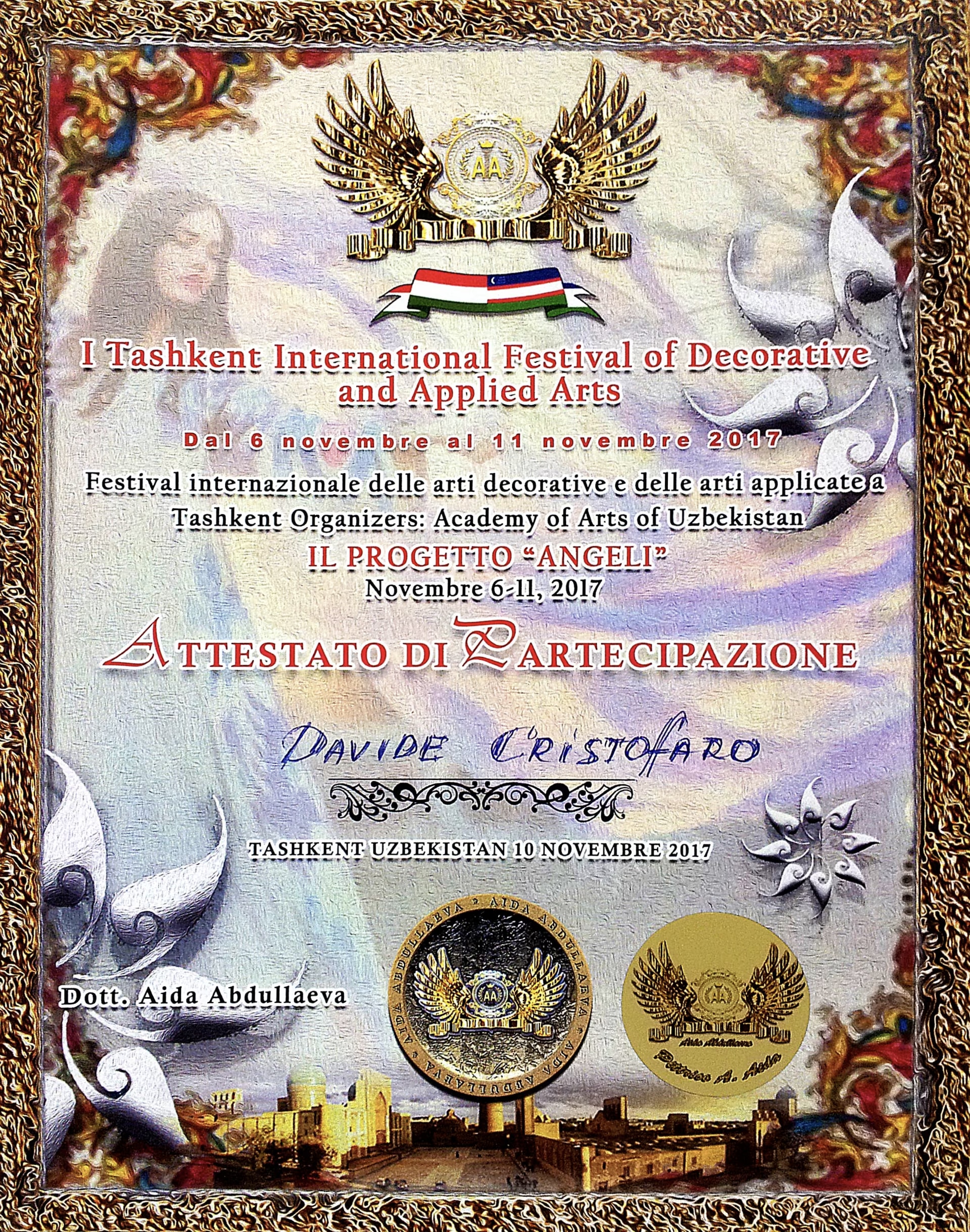 The certificate of participation in the Tashkent festival in Davide Cristofaro’s name, signed by Aida Abdullaeva