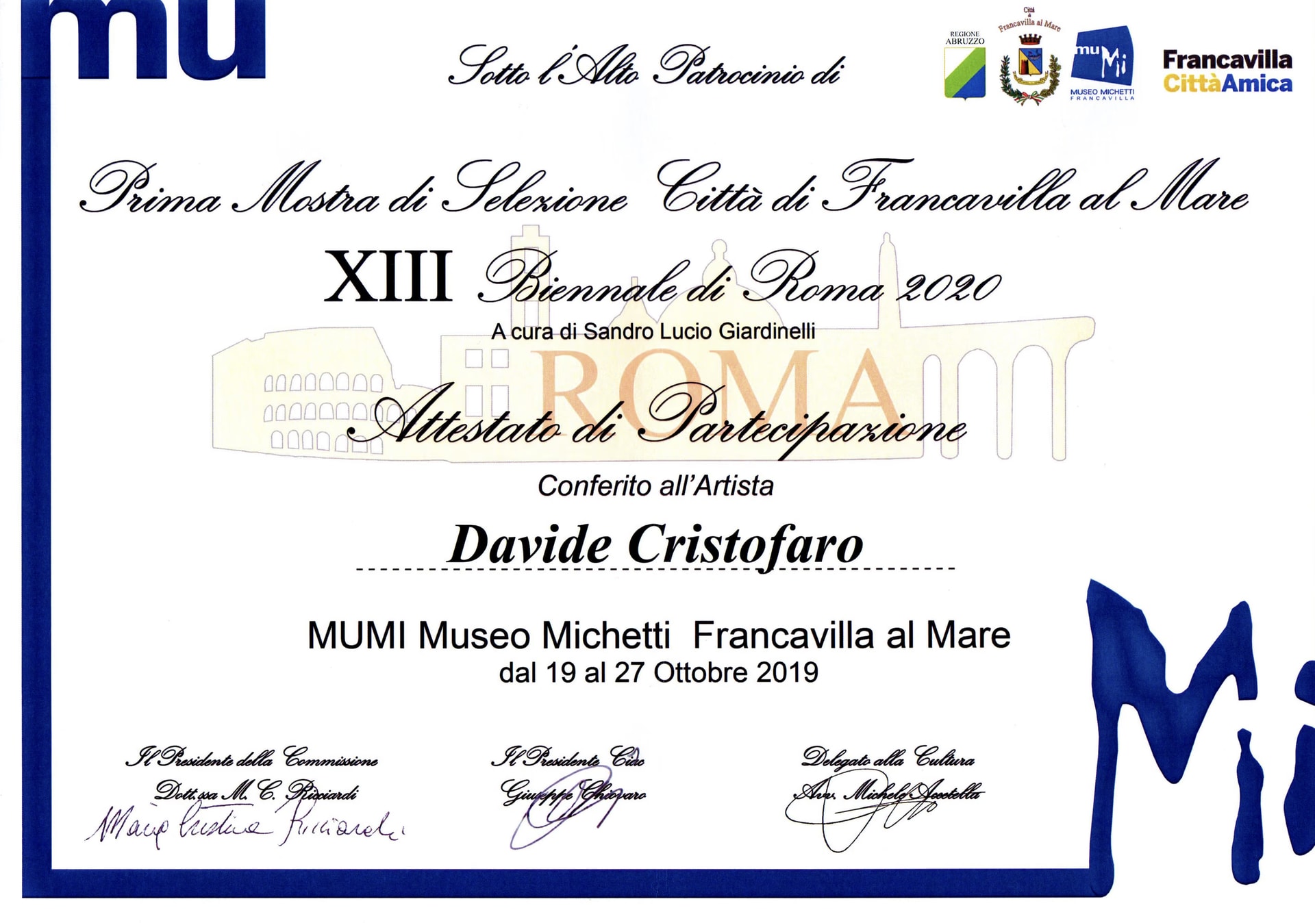 L’attestation de participation à la première exposition de sélection Città di Francavilla al Mare décernée à Davide Cristofaro, 19-27 octobre 2019