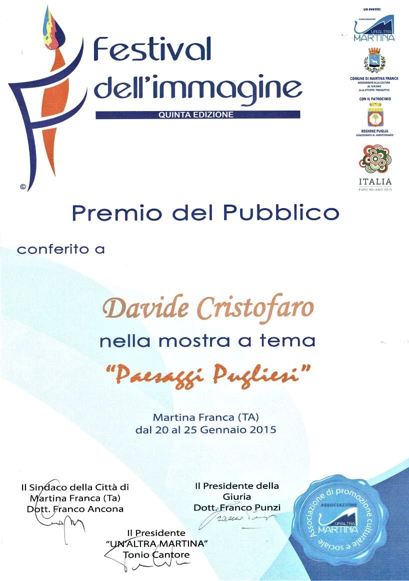 Die Urkunde des Publikumspreises für Davide Cristofaro in der Themenausstellung „Paesaggi Pugliesi“, Martina Franca, 20.-25. Januar 2015