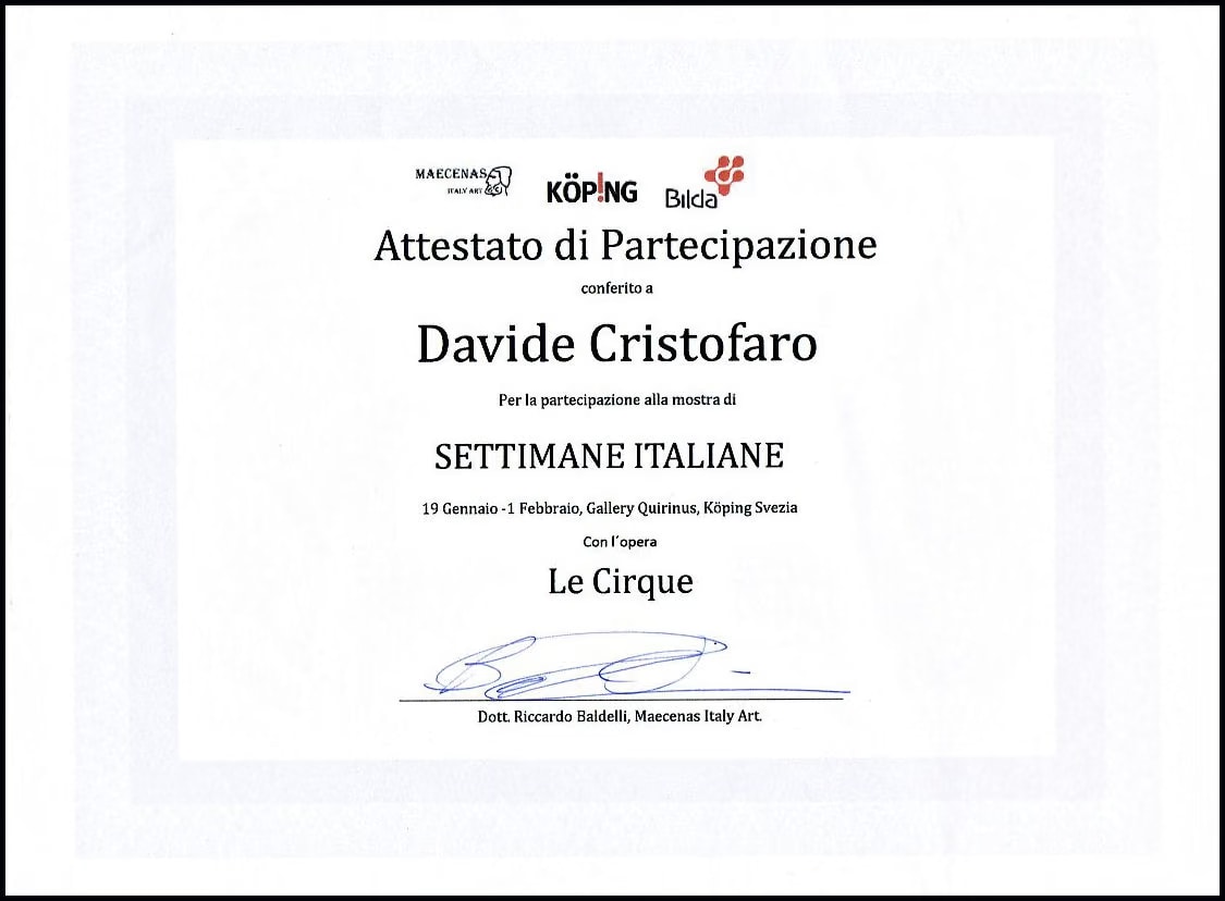 Die Teilnahmeurkunde der Settimane Italiane in Köping auf den Namen Davide Cristofaro, für das Werk Le Cirque
