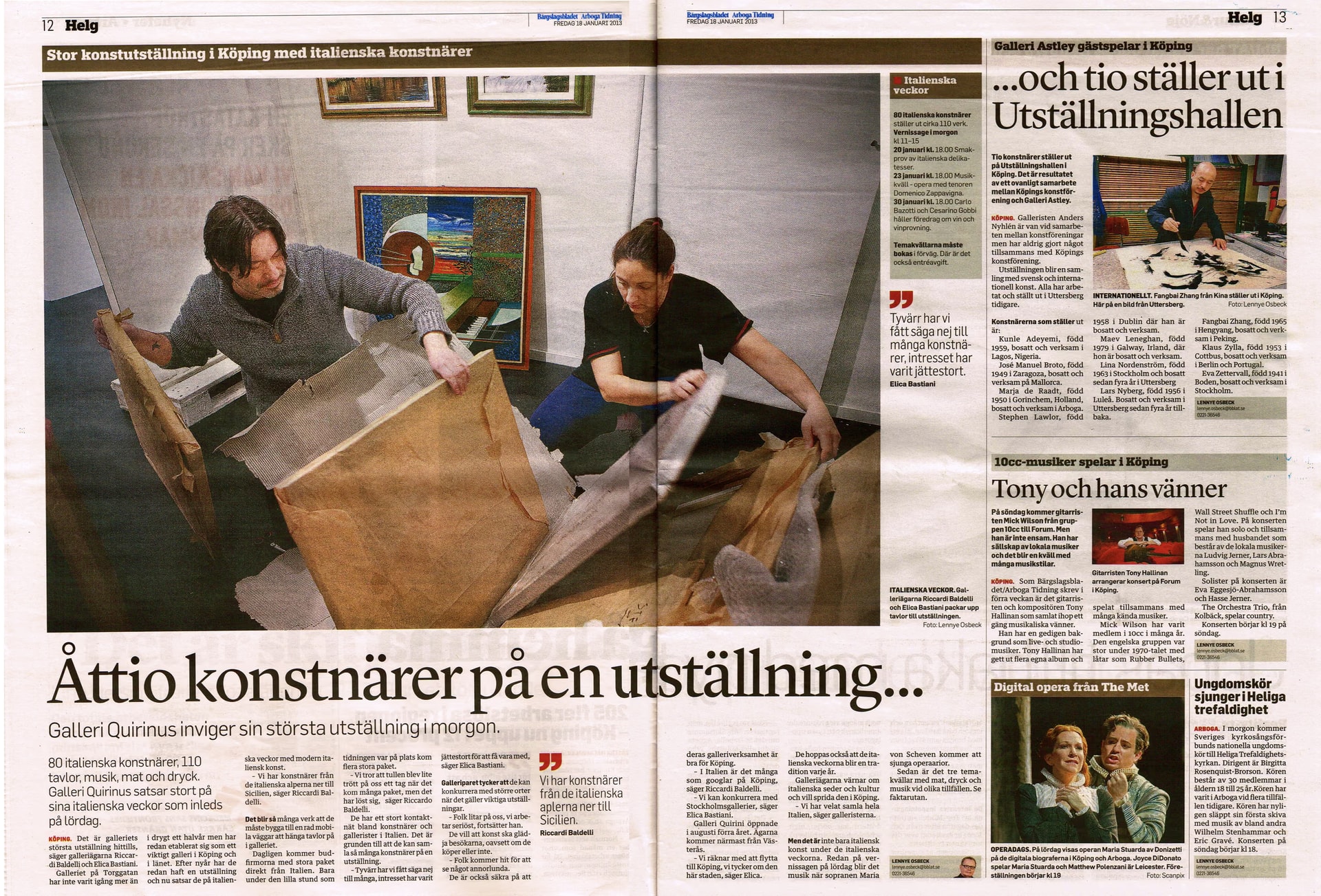 Die zwei Seiten des Bärgslagsbladet/Arboga Tidning vom 18. Januar 2013 über die Ausstellung der Galleri Quirinus in Köping
