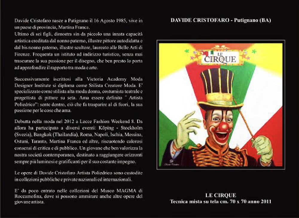 La página del catálogo «Le Arti del Bel Paese» dedicada a Davide Cristofaro, con la biografía y Le Cirque, técnica mixta sobre lienzo 70×70 de 2011