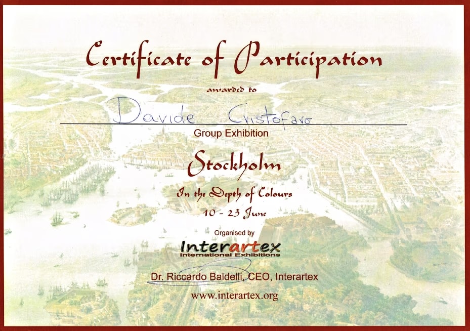 Das Certificate of Participation von „In the Depth of Colours“, Stockholm, 10.-23. Juni, auf den Namen Davide Cristofaro, unterzeichnet von Riccardo Baldelli für Interartex