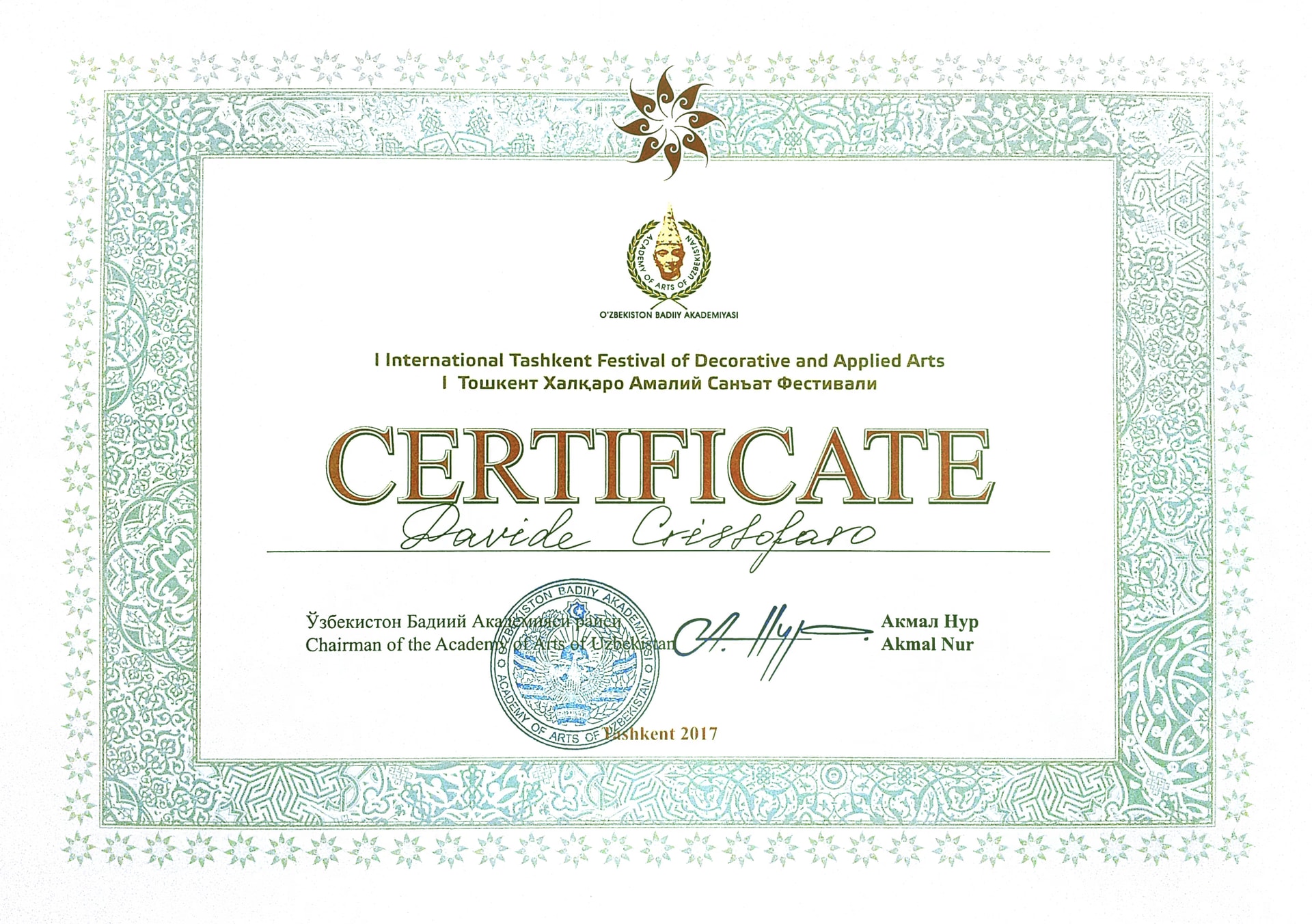 The Academy of Arts of Uzbekistan certificate in Davide Cristofaro’s name, signed by Akmal Nur