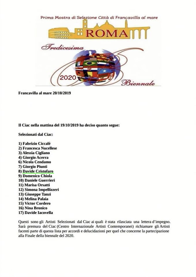 La liste des dix-sept artistes retenus par le CIAC le 19 octobre 2019 pour la Biennale di Roma 2020, avec le nom de Davide Cristofaro