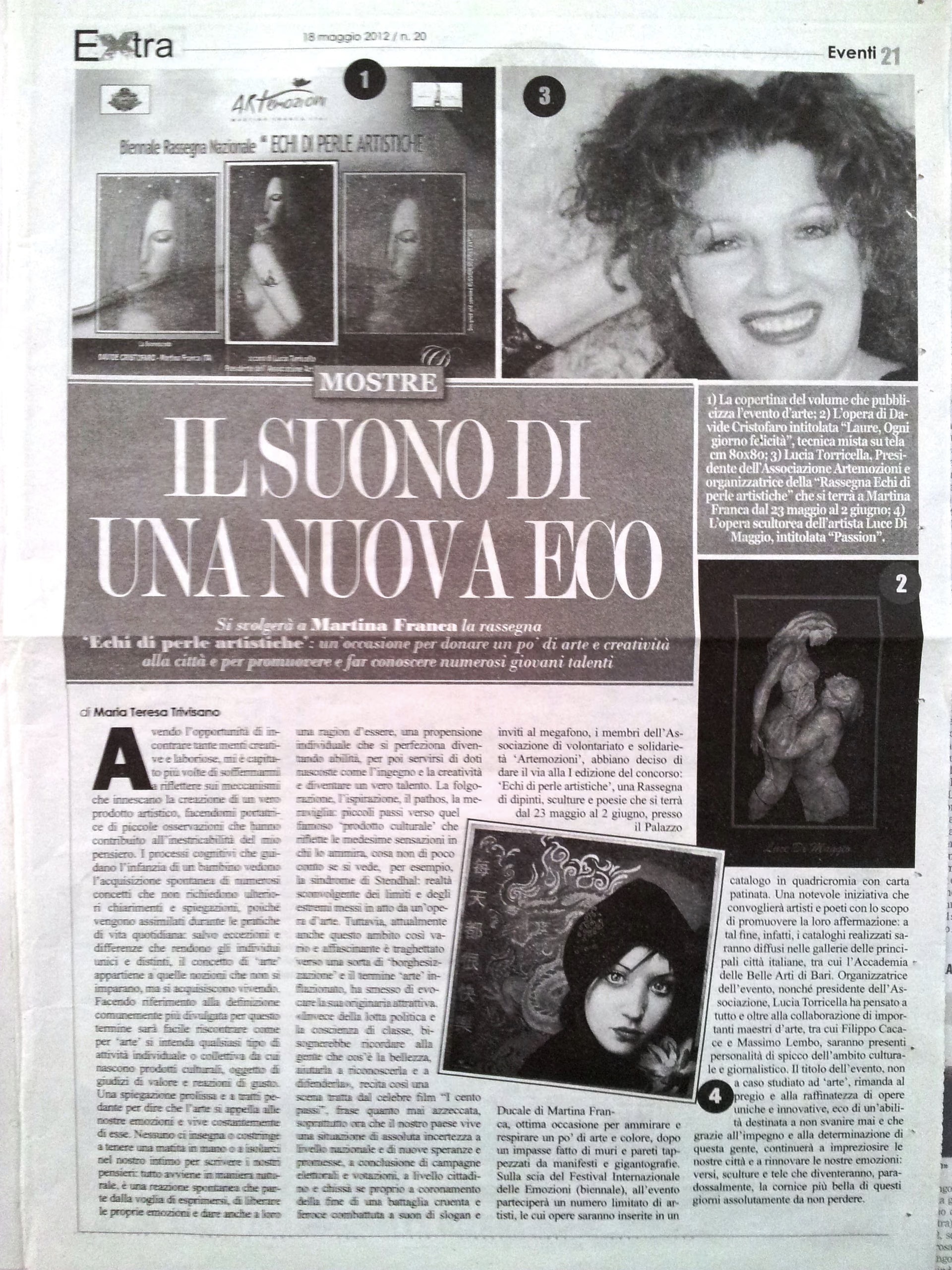 La pagina di Extra del 18 maggio 2012, «Il suono di una nuova eco», con la foto di «Laure» di Davide Cristofaro