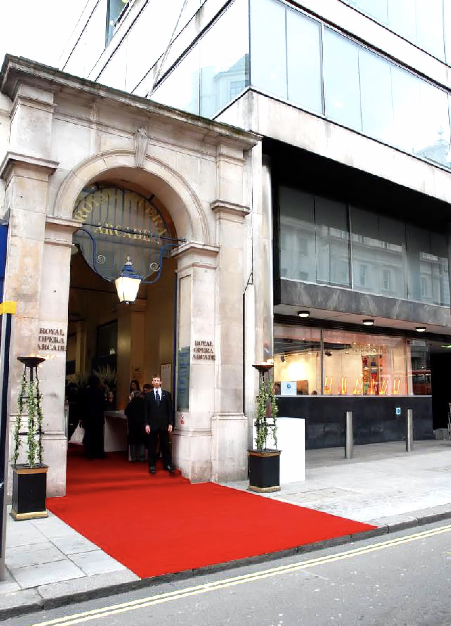The entrance to London’s Royal Opera Arcade with the red carpet for the Royal Arts Prize 2015