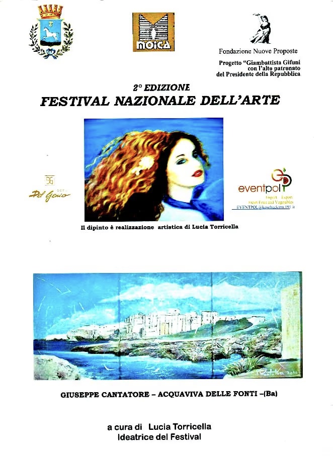 La invitación al 2.º Festival Nazionale dell’Arte, a cargo de Lucia Torricella, con los logotipos del Ayuntamiento de Martina Franca, del MOICA y de la Fondazione Nuove Proposte