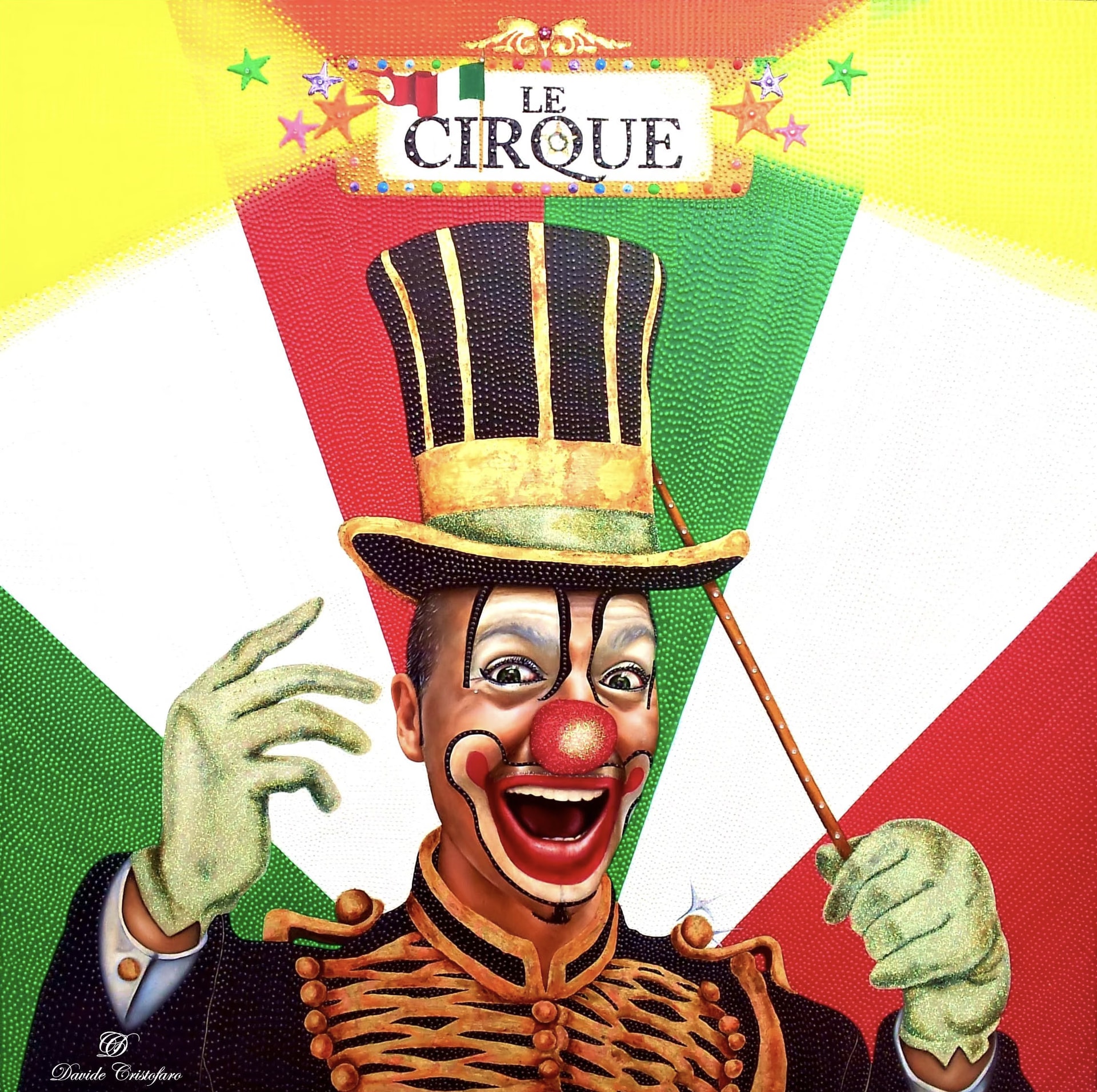 Le Cirque, tecnica mista su tela di Davide Cristofaro: un clown sorridente con cilindro e guanti verdi davanti ai colori della bandiera italiana, a puntinismo in rilievo