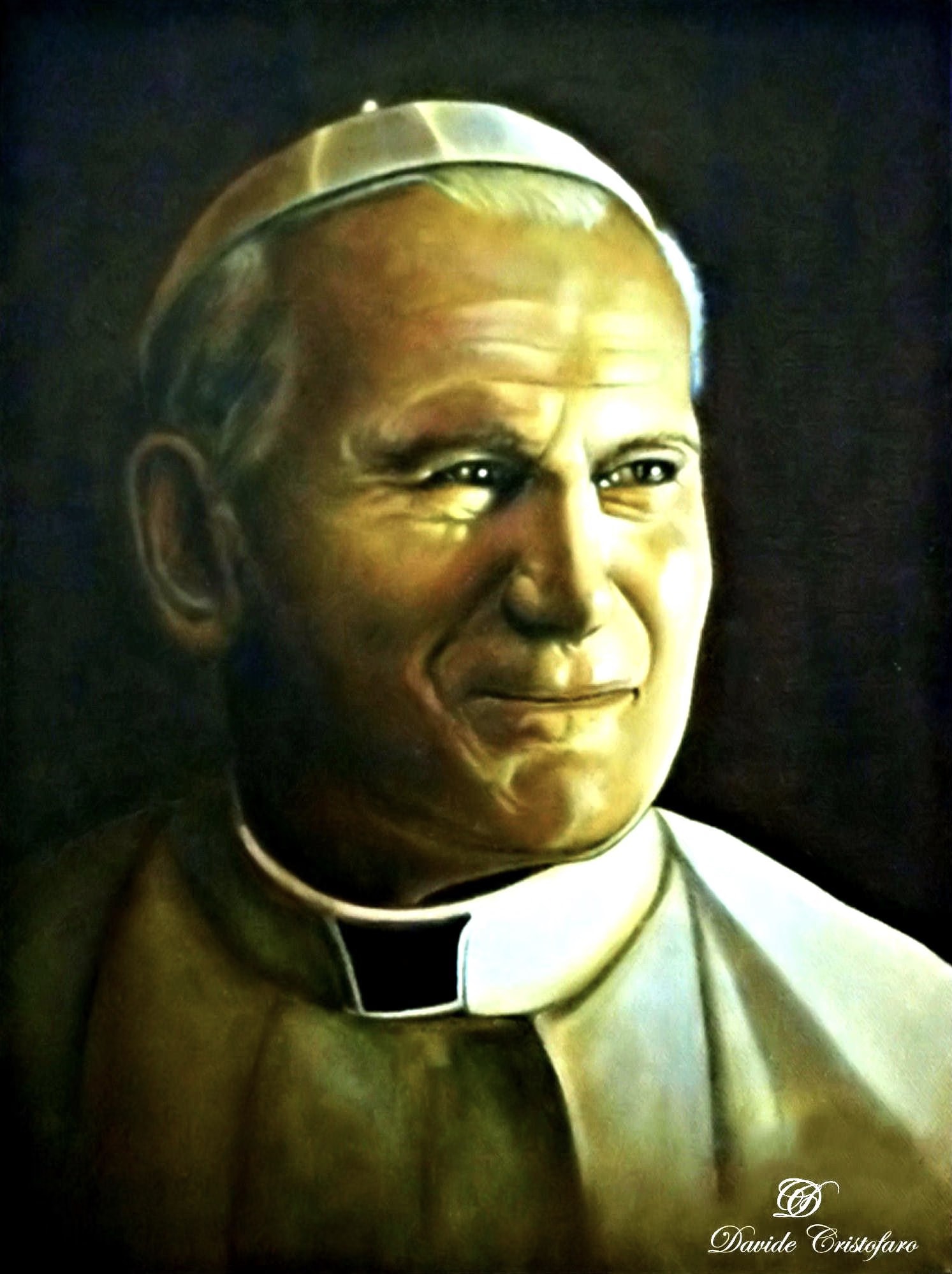 Davide Cristofaros Porträt von Johannes Paul II. auf Leinwand: das Gesicht des Papstes im Dunkel, in einem goldenen Lichtkranz