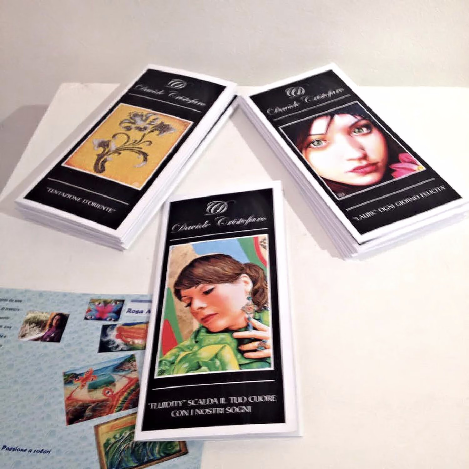 Davide Cristofaro’s leaflets on the table at La Galleria Pall Mall, with Morena in front