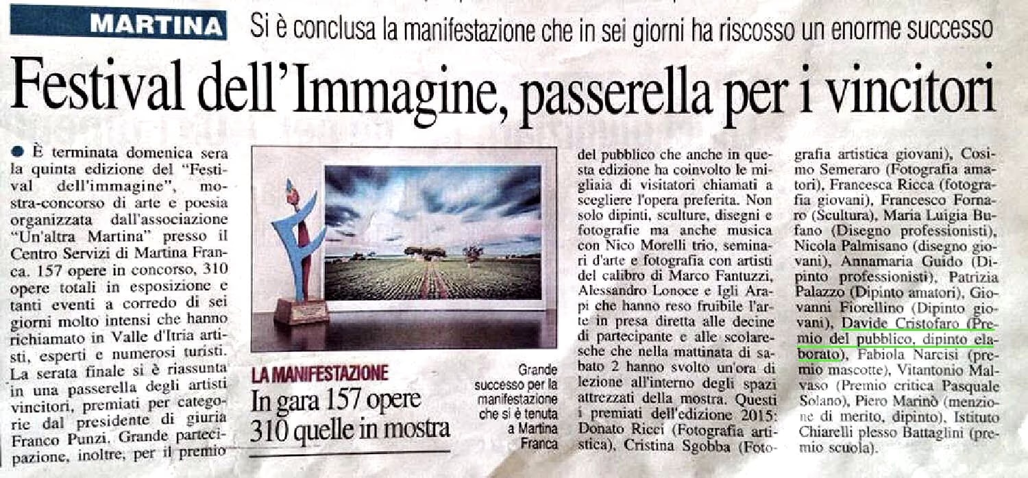 Der Zeitungsausschnitt vom 27. Januar 2015 „Festival dell’Immagine, passerella per i vincitori“ mit Davide Cristofaro unter den Preisträgern