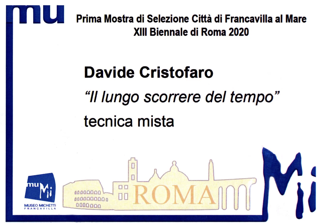 Le cartel de l’œuvre exposée : Davide Cristofaro, « Il lungo scorrere del tempo », technique mixte