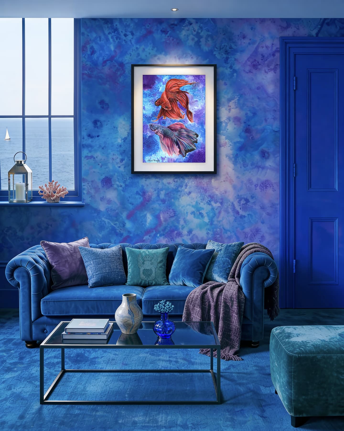 Fluttuando in cornice nera su una parete blu screziata, sopra un divano Chesterfield blu con cuscini viola e turchesi
