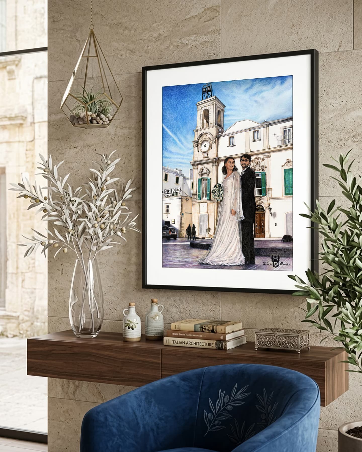 Teresa e Vincenzo in cornice nera su una parete di pietra chiara, sopra una consolle di legno