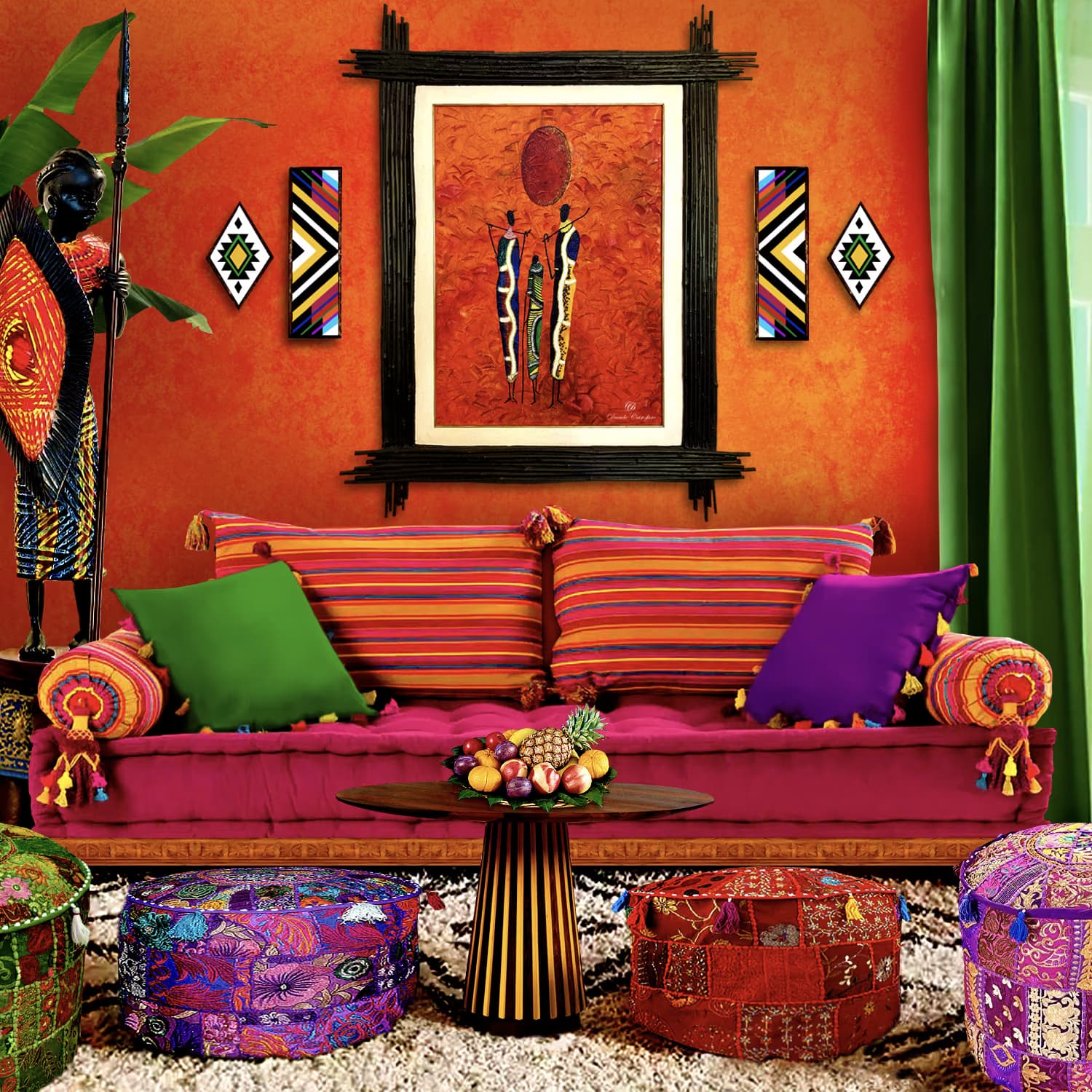 Africa in una cornice di rami su una parete arancio, sopra un divano fucsia con cuscini colorati