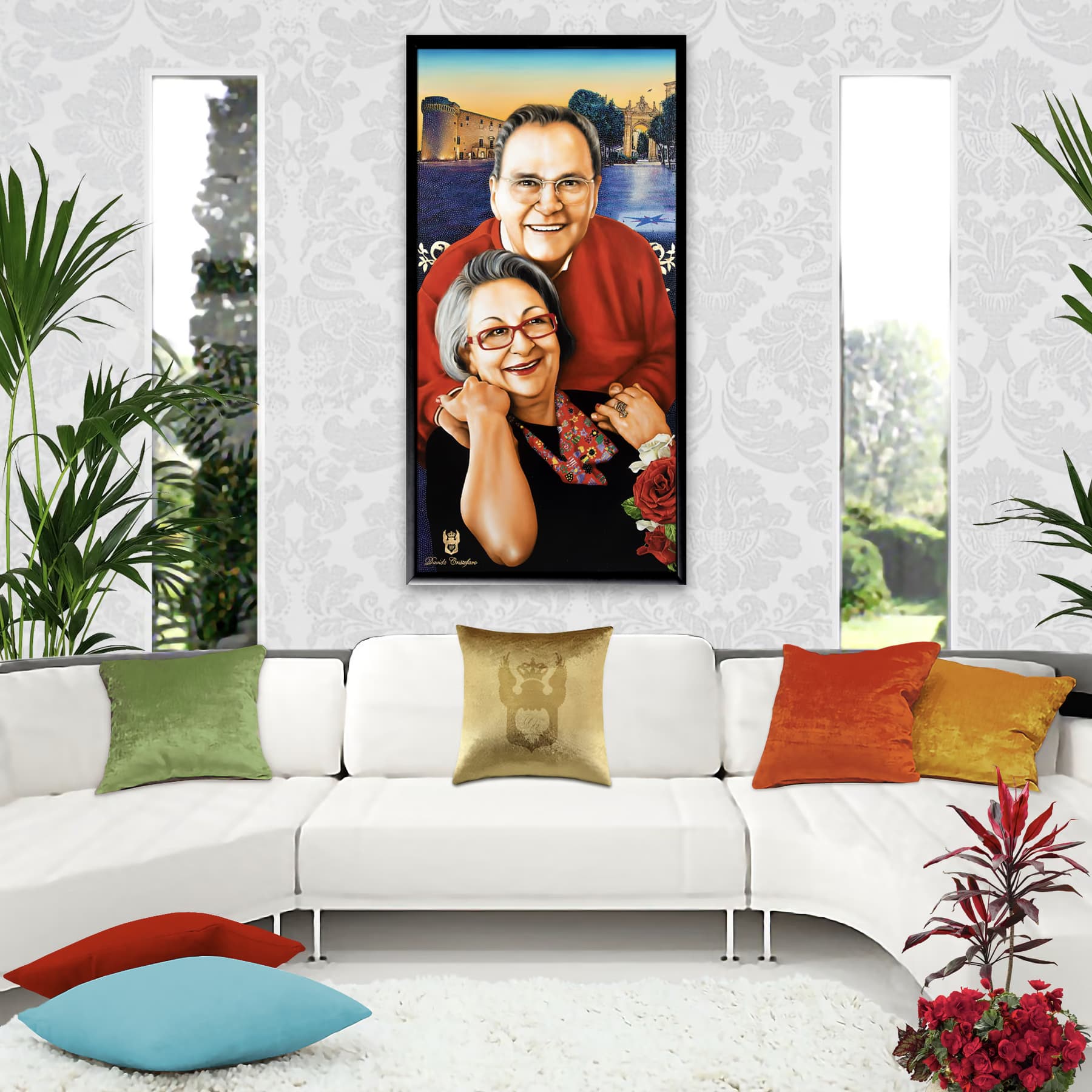 Gino e Tina su una parete damascata, sopra un divano bianco con cuscini colorati