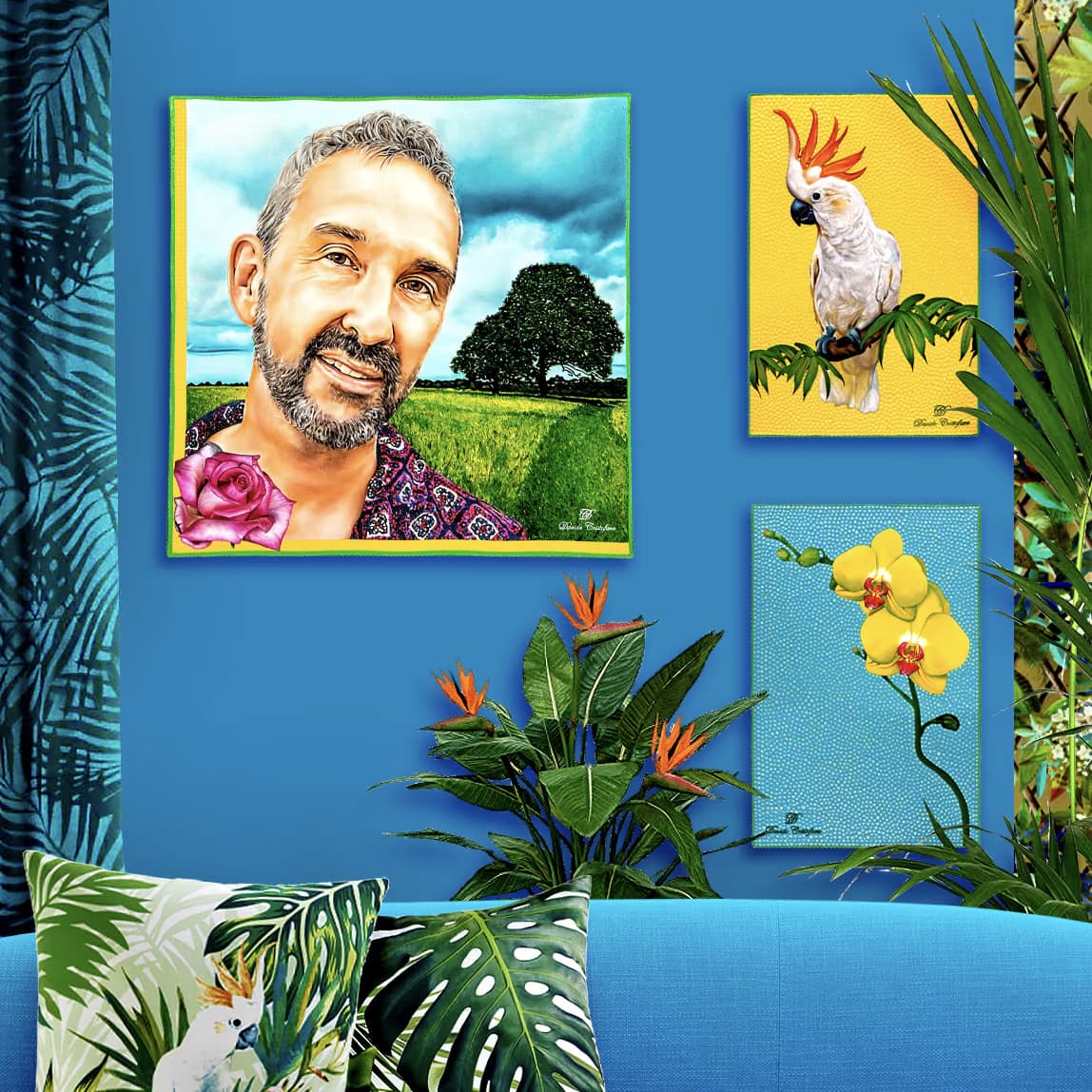 Il ritratto di Neil su una parete azzurra, con Cacatua e Orchidea, fra piante tropicali