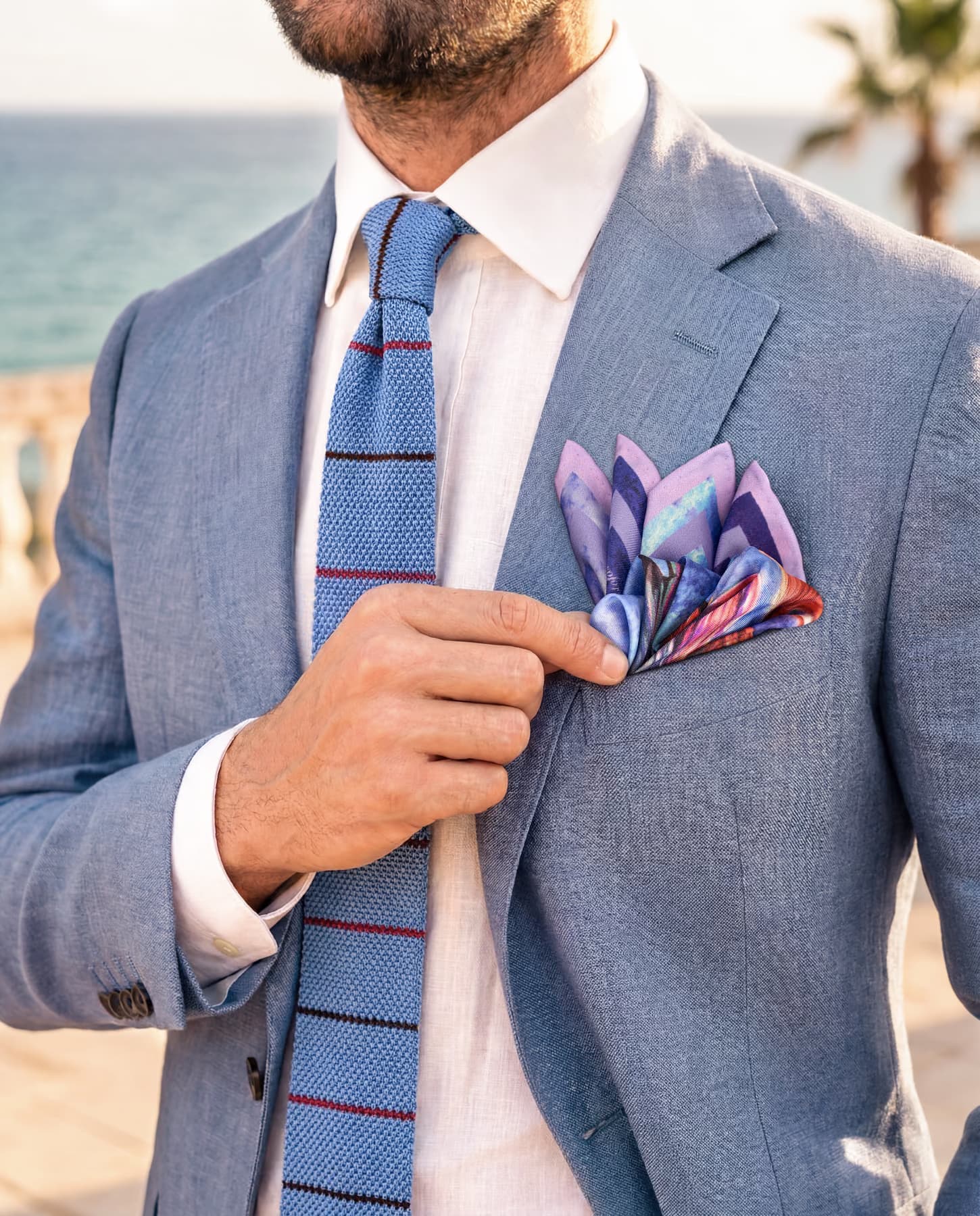 Pochette in twill di seta Fluttuando nei toni viola, lilla, blu e corallo, piegata a sbuffo nel taschino di una giacca in lino azzurro, abbinata a una cravatta blu in maglina, in un ambiente costiero