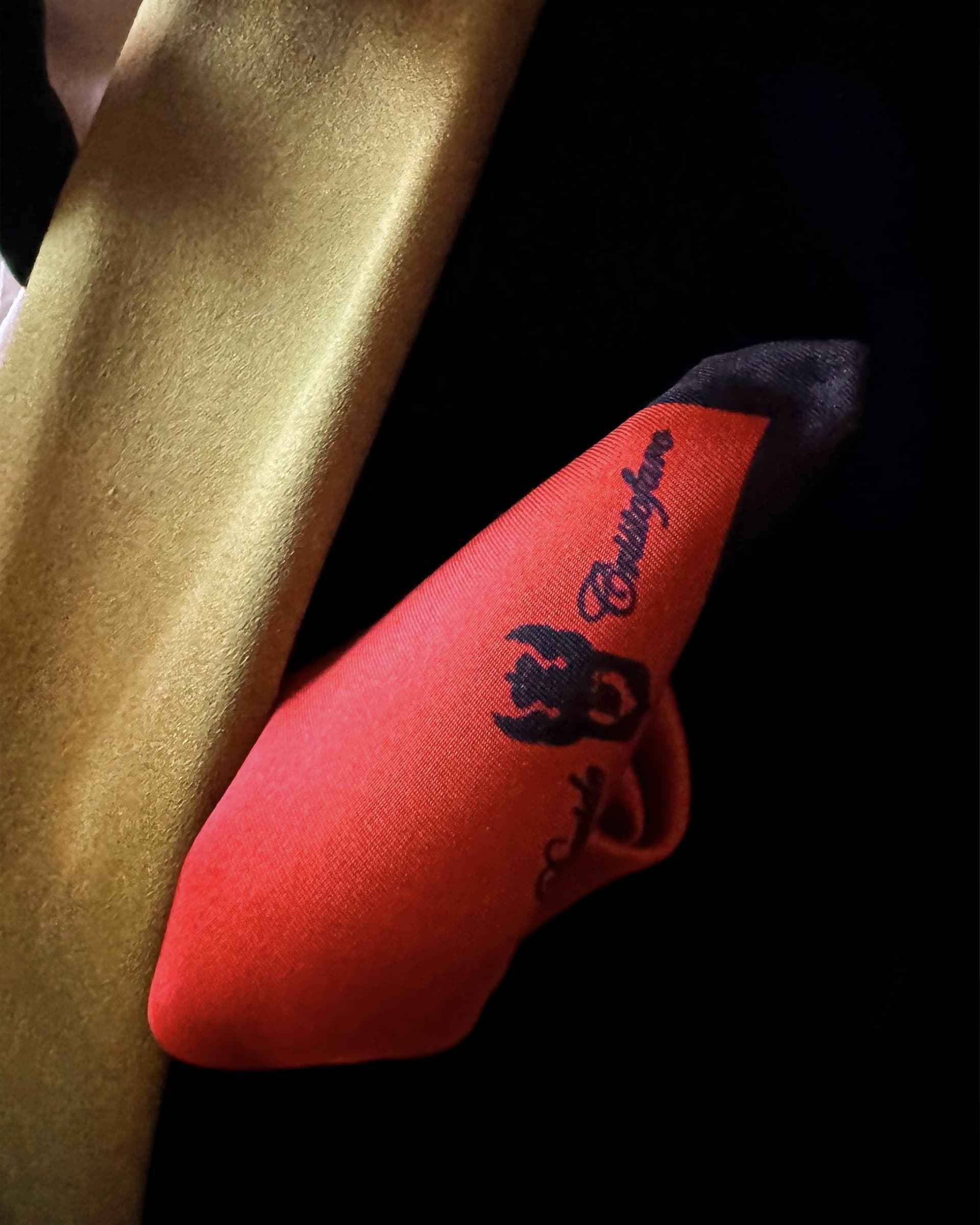Pochette in twill di seta rossa con bordi neri e logo Davide Cristofaro nel taschino dello smoking di velluto di Raimondo Rossi (Ray Morrison), accanto al revers dorato, al WIF Honors Gala 2025