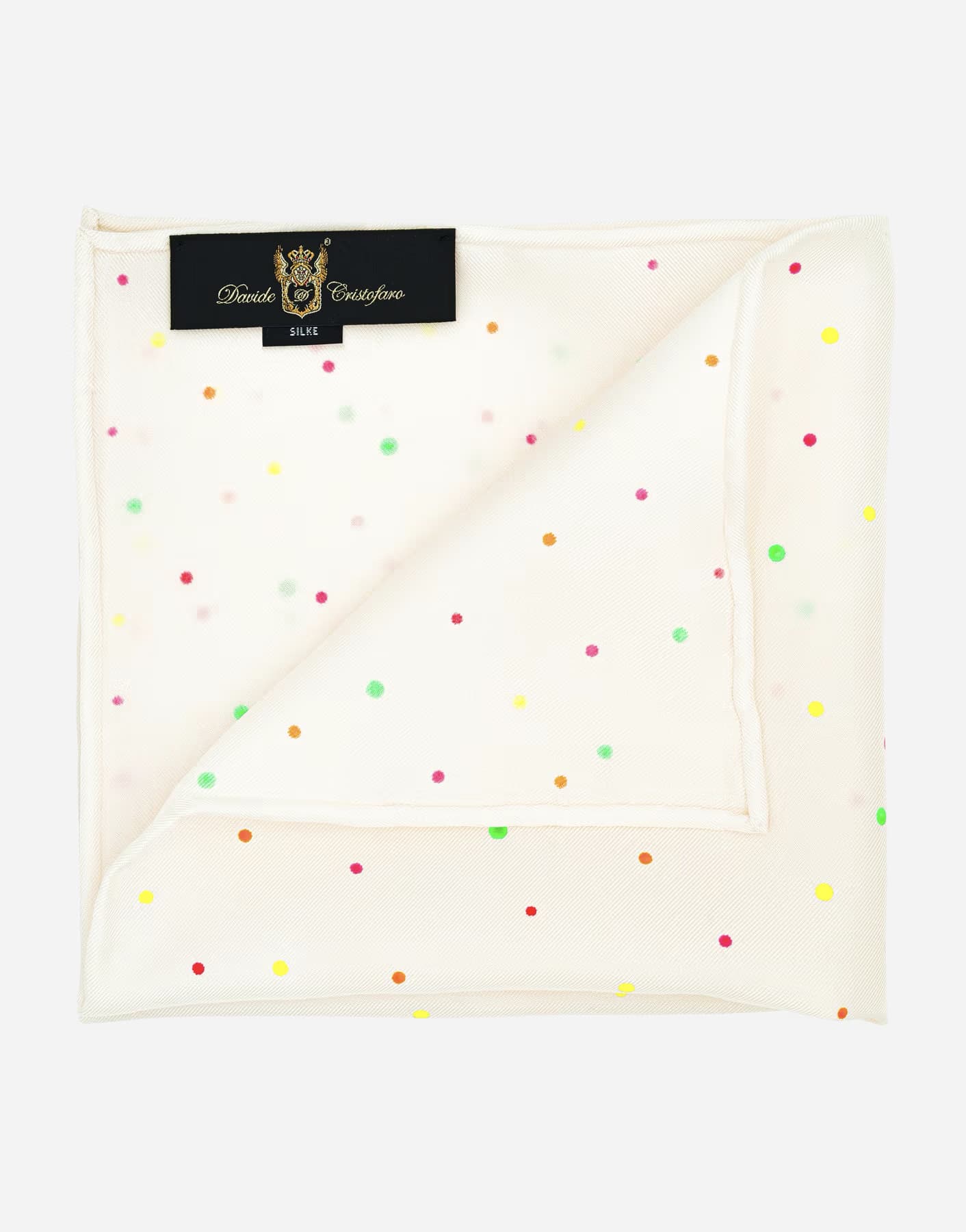Pochette da taschino in seta twill bianca dipinta a mano con pois fluo verde, giallo, arancione e fucsia