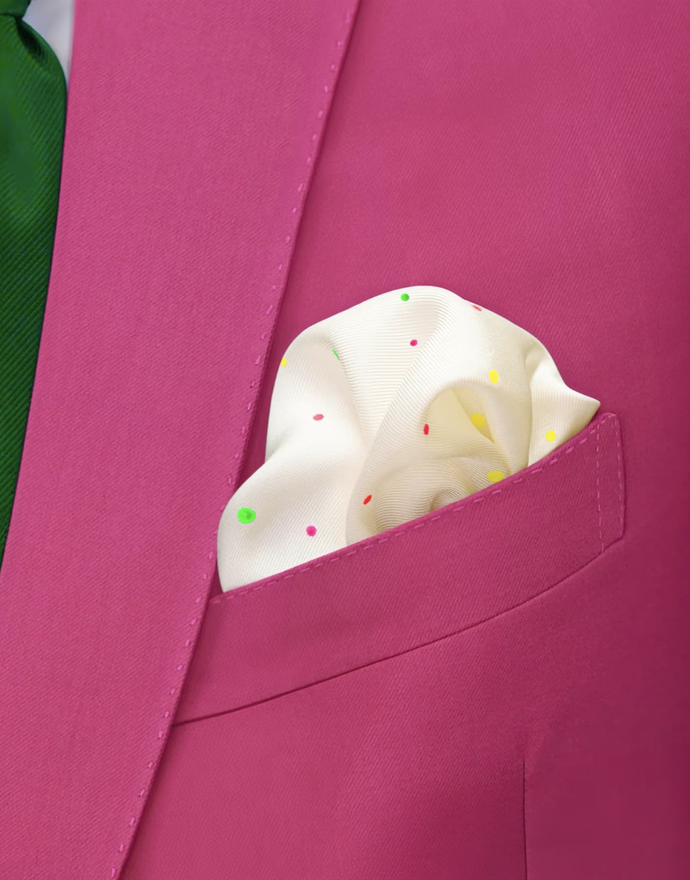 Pochette da taschino in seta twill bianca dipinta a mano con pois fluo verde, giallo, arancione e fucsia