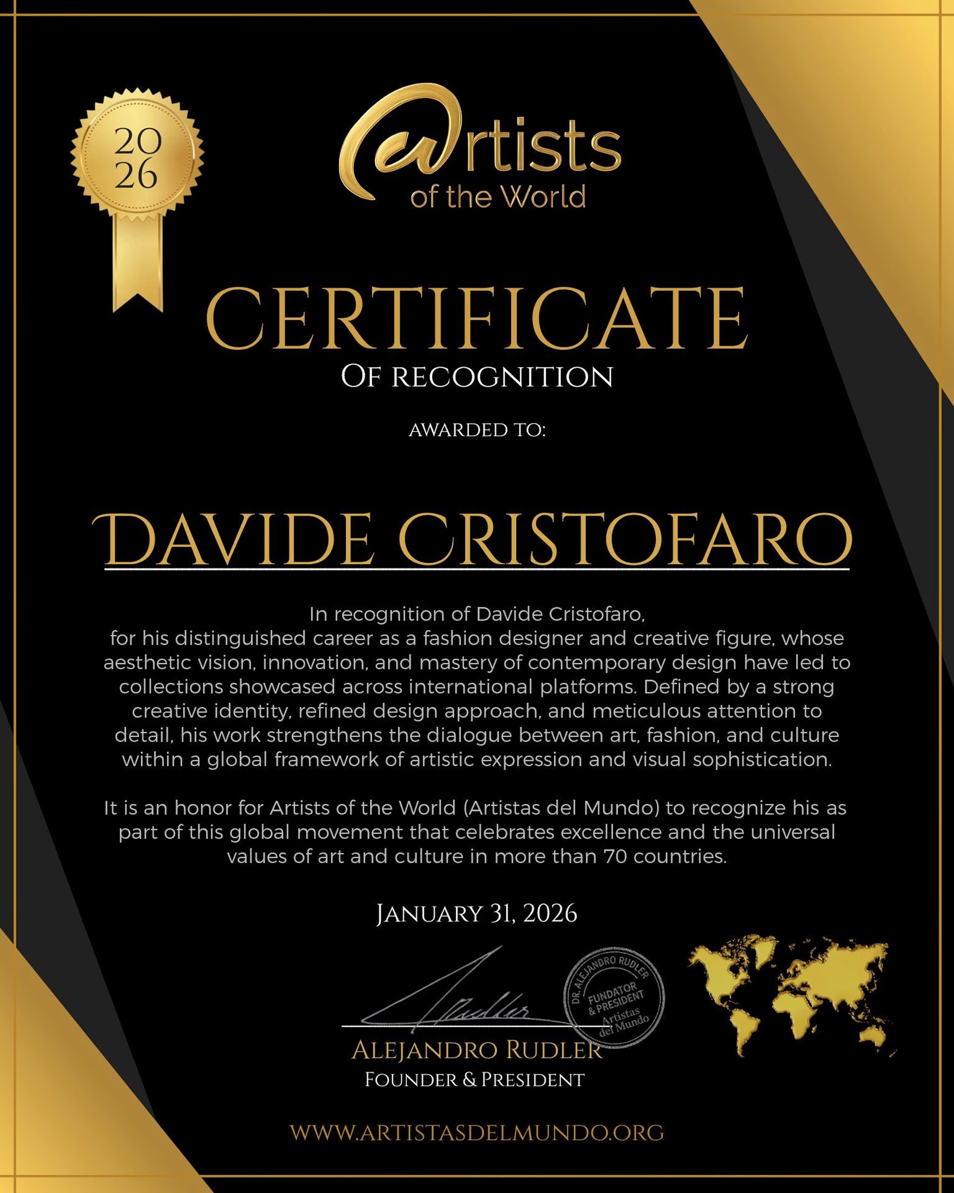 Certificato di riconoscimento Artists of the World 2026 intestato a Davide Cristofaro, datato 31 gennaio 2026 e firmato da Alejandro Rudler