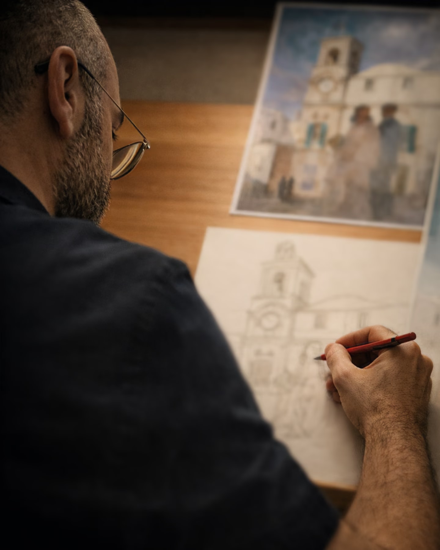 Davide Cristofaro disegna a matita gli sposi e la Torre dell’Orologio, con la foto del matrimonio sul tavolo