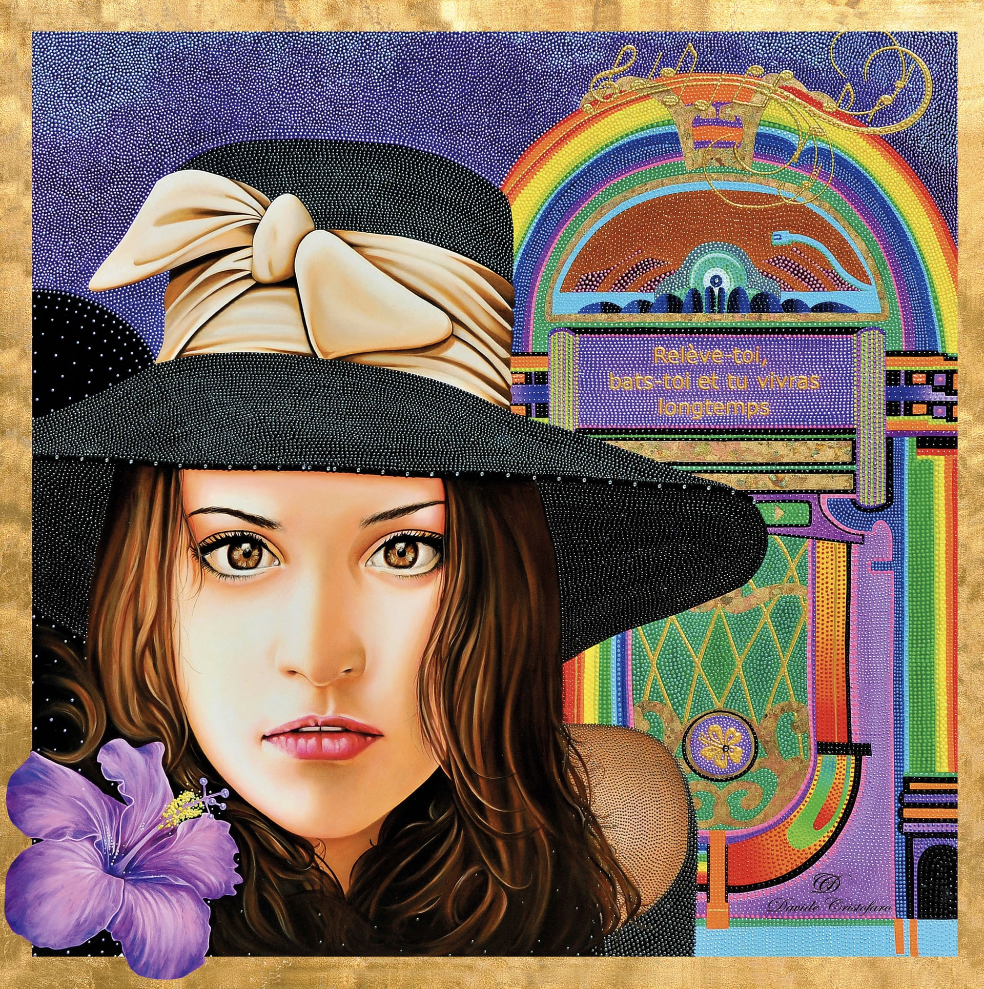 Fanny, opera di Davide Cristofaro del 2013, tecnica mista su tela: una ragazza con cappello nero e fiocco, un ibisco viola e un jukebox arcobaleno