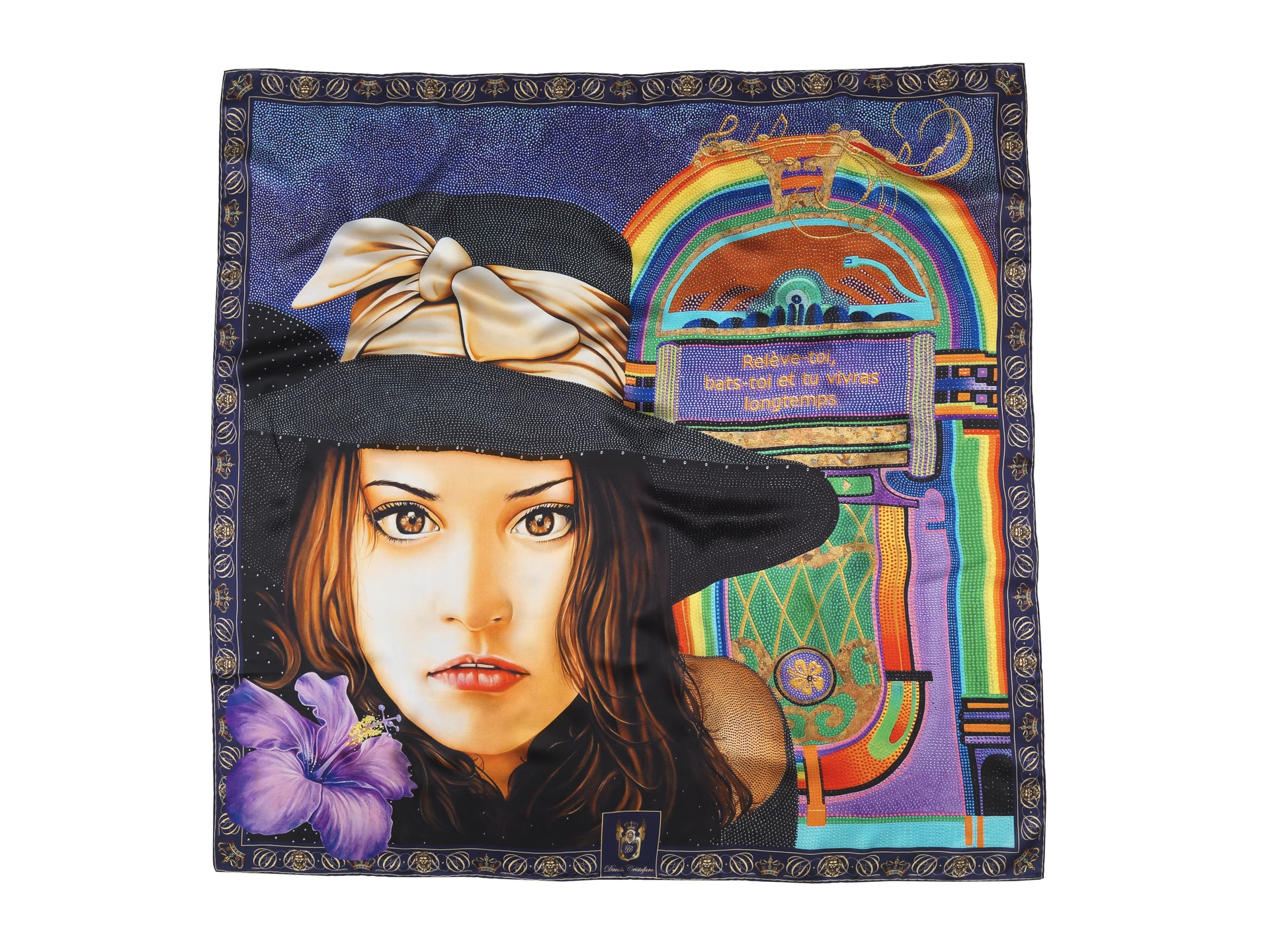 Foulard di seta Fanny steso, con il ritratto dell’opera con il cappello nero, l’ibisco e il jukebox