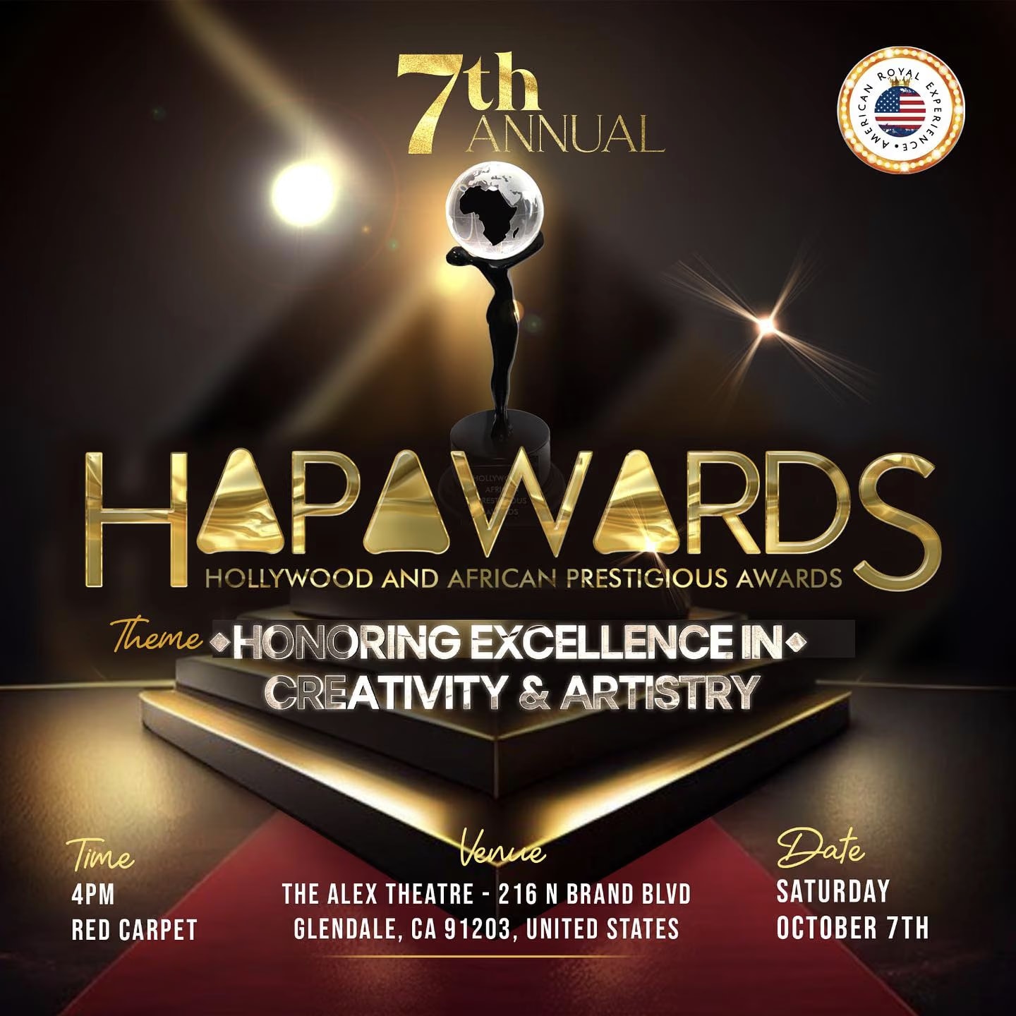 Locandina della settima edizione degli HAPAwards, Hollywood and African Prestigious Awards, all’Alex Theatre di Glendale sabato 7 ottobre