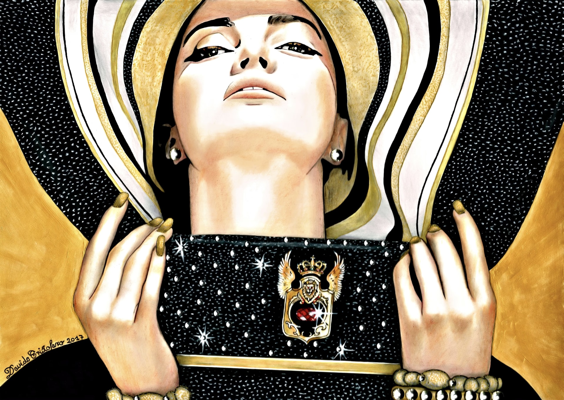 Illustrazione Ghaliya: una donna con il capo velato d’oro e nero regge davanti a sé la borsa con lo stemma