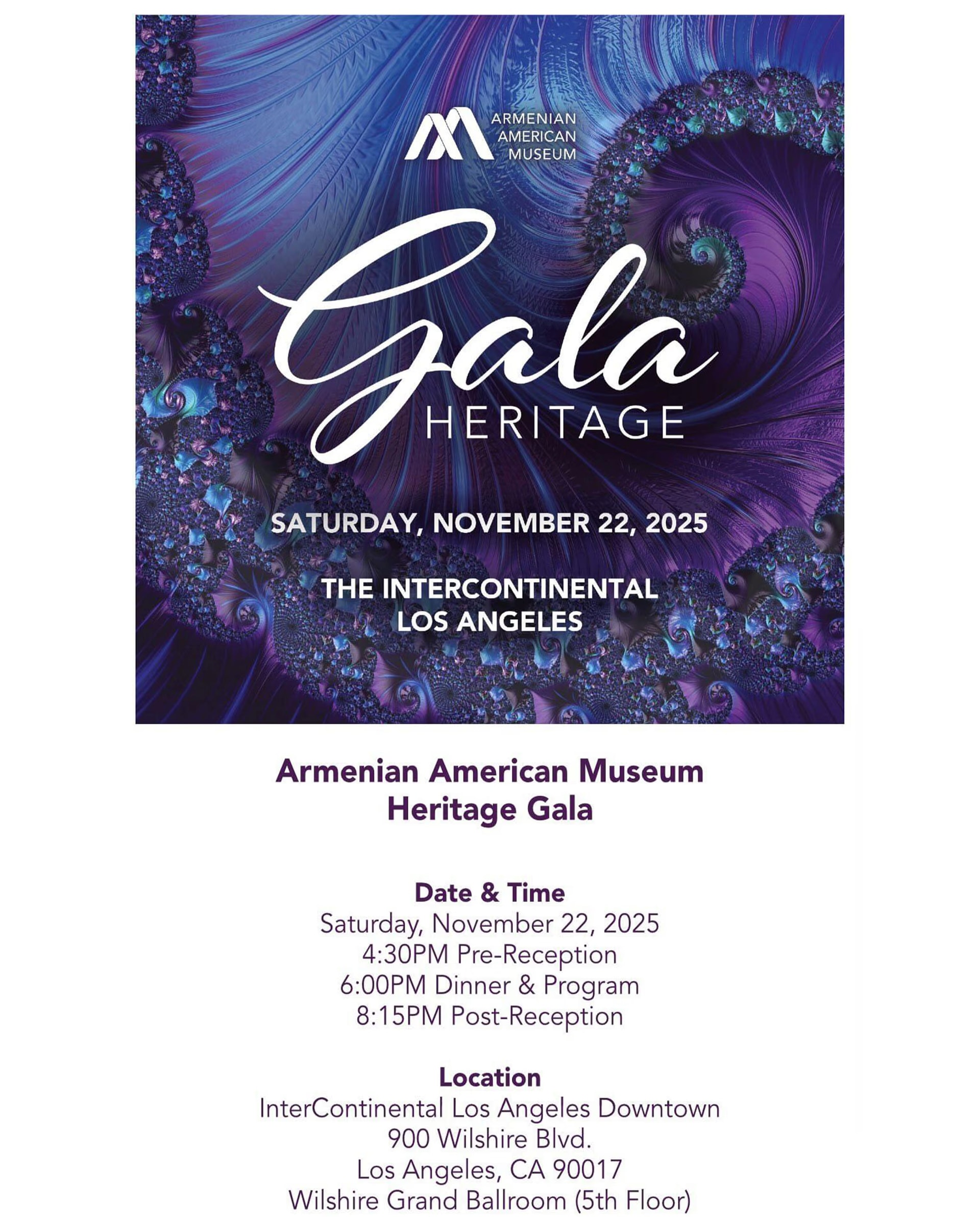 The invitation to the Armenian American Museum Heritage Gala 2025, Saturday 22 November 2025 at the InterContinental Los Angeles Downtown