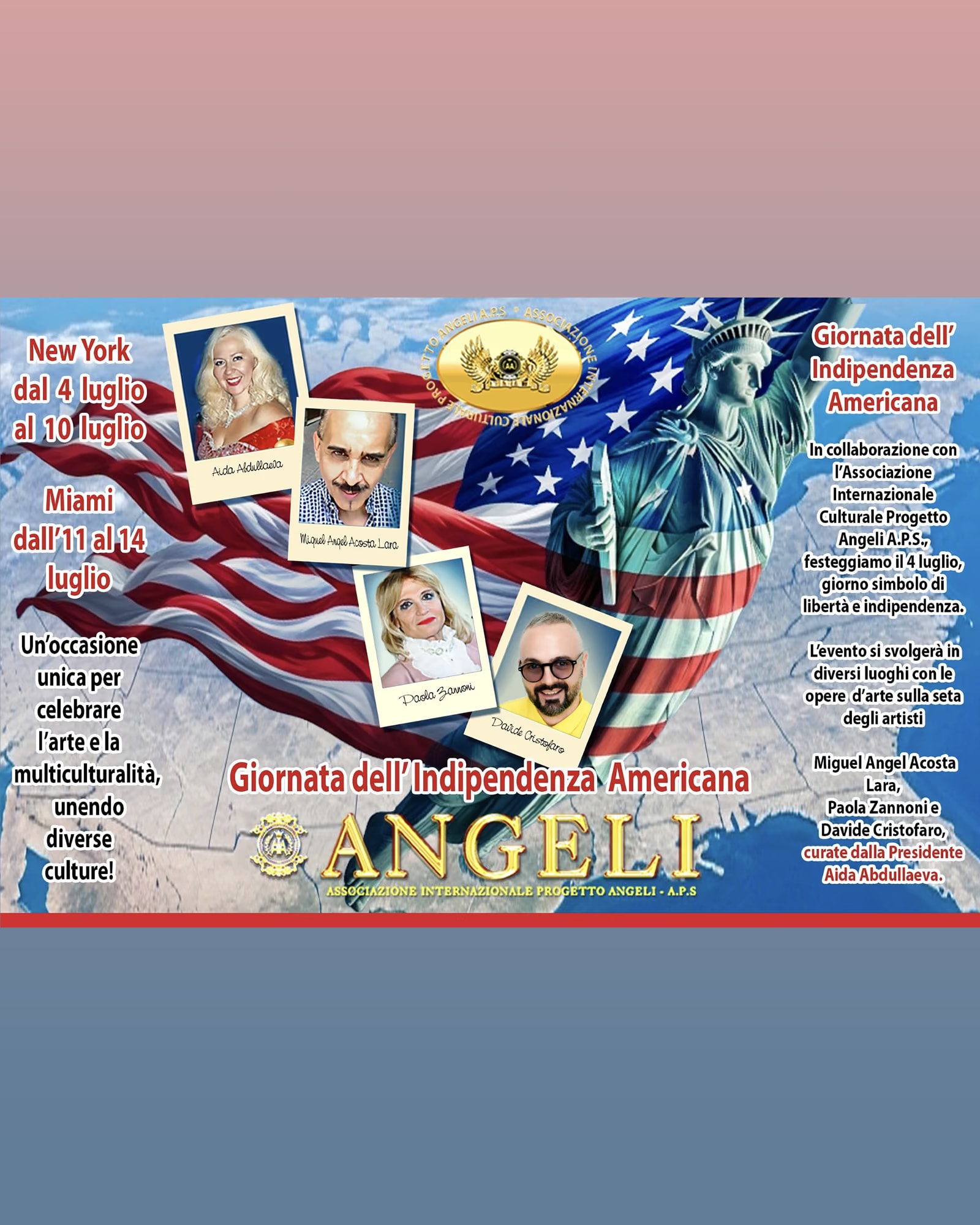 La locandina della Giornata dell’Indipendenza Americana 2025 di Progetto Angeli: New York dal 4 al 10 luglio, Miami dall’11 al 14, con i ritratti di Aida Abdullaeva e dei tre artisti