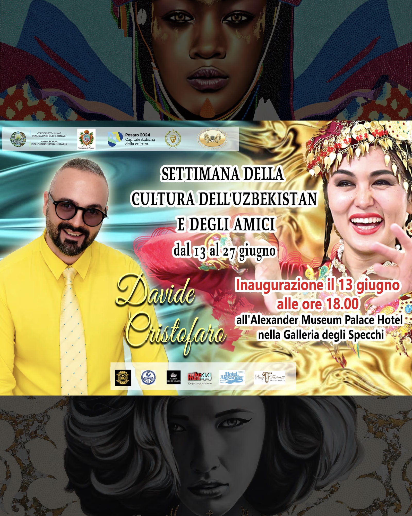 Das Plakat der Woche der Kultur Usbekistans und seiner Freunde, Pesaro, 13. bis 27. Juni, mit Davide Cristofaro: Eröffnung am 13. Juni um 18 Uhr im Spiegelsaal