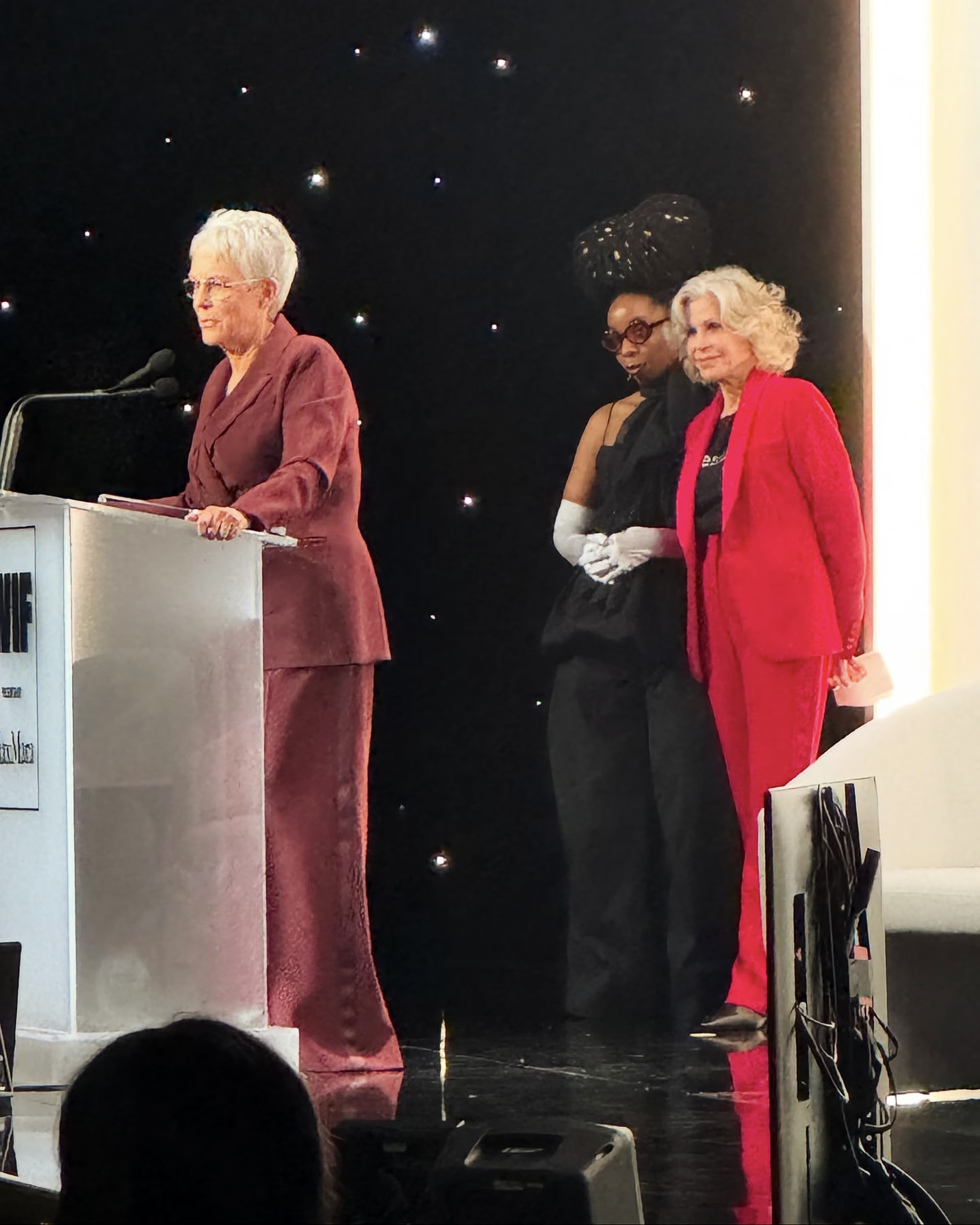 Il palco del WIF Honors 2025 durante la premiazione, con una premiata al leggio e altre due donne accanto