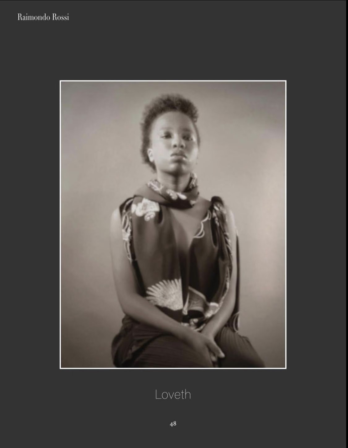 Pagina 48 del libro di Raimondo Rossi con il ritratto in seppia di Esther Ngumo e il foulard Davide Cristofaro, intitolato Loveth